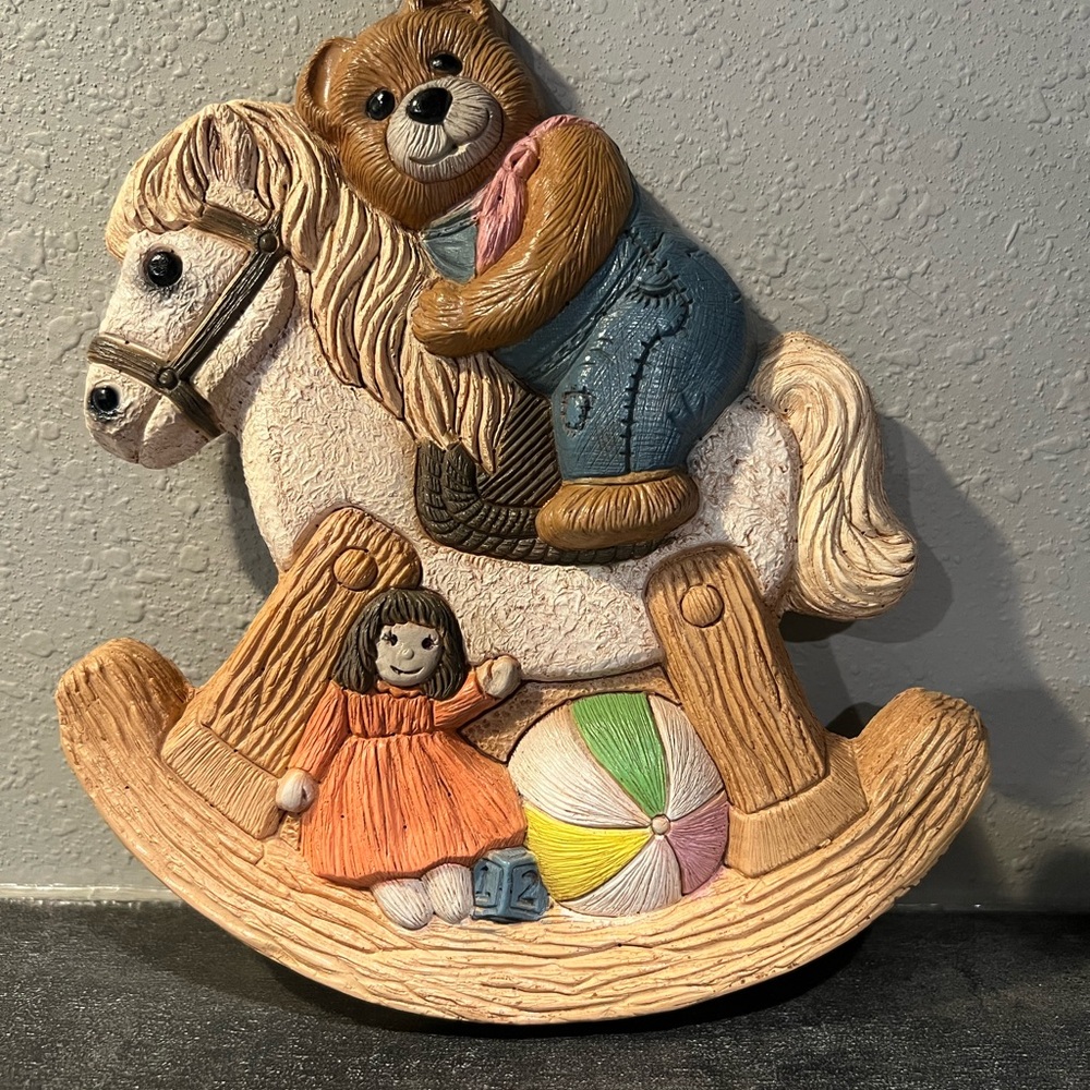 Vintage Children's Wall Decor Teddy Bear On Rocking Horse Frankie's Designs 1986